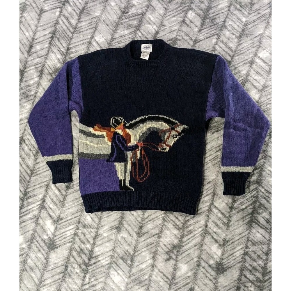 Vintage Millers Sportific Horse Equestrian Racing Colorblock Wool Sweater Men XL